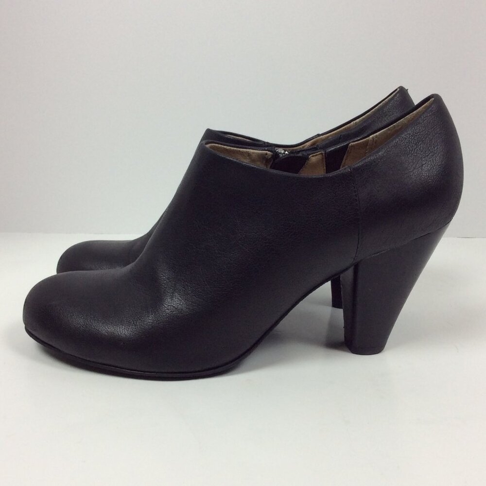 Crown Vintage Womens Black Leather Low Cut Ankle Zip Booties Cone Heel 9.5